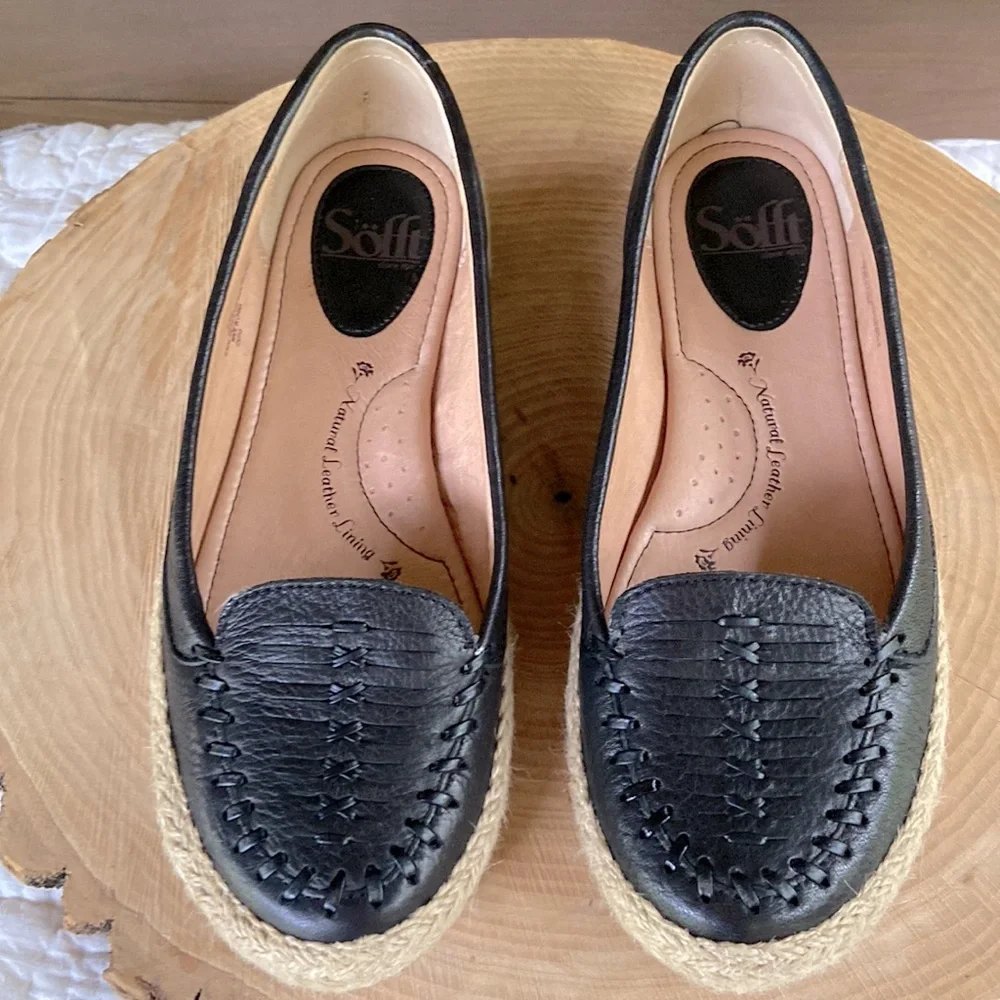 Leather Womens Black Flat Loafers with Jute Trim - Size 6.5